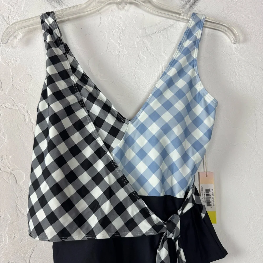 Summersalt Swim Suit One Piece The Perfect Wrap Tie Front Gingham Blue Black - Picture 4 of 8